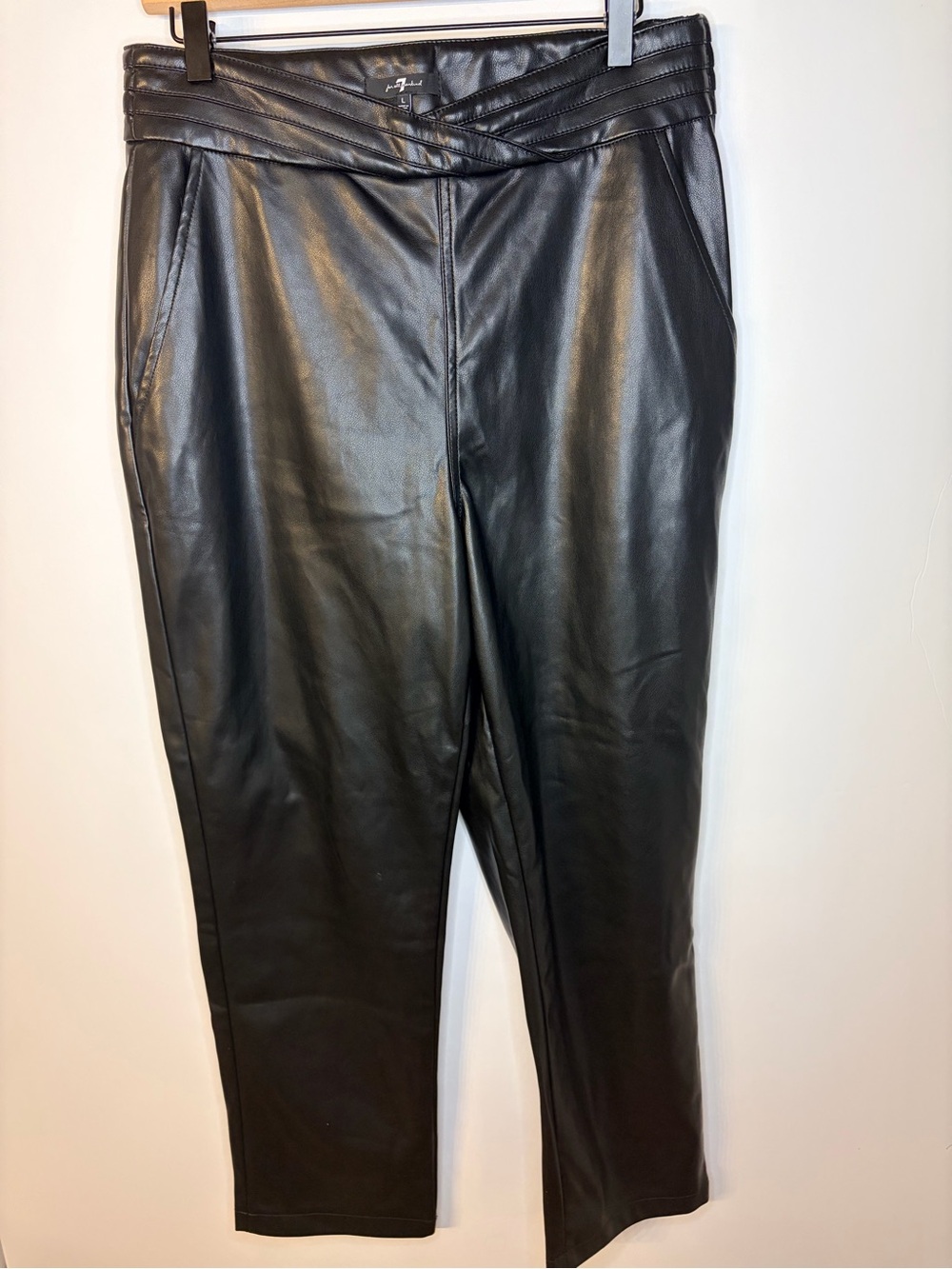7 For All Mankind Women’s Black Faux Leather Crossover Waist Pants, Size Large